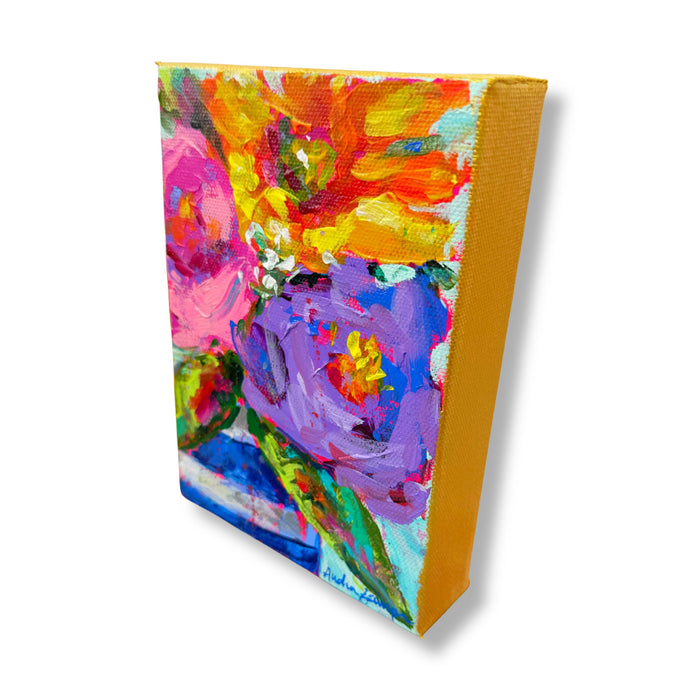"Purple Rose Blue Stripe" Floral Bouquet Original 5x7" Painting on Gallery Wrapped Canvas
