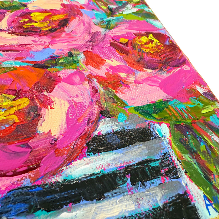 "Roses and Black Stripes" Floral Bouquet Original 5x7" Painting on Gallery Wrapped Canvas