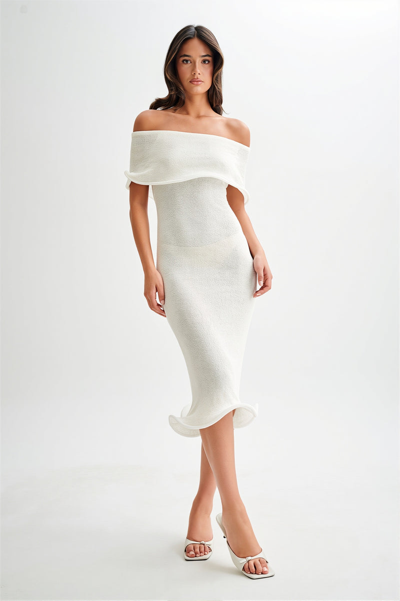Ruffle Off Shoulder Knit Midi Dress
