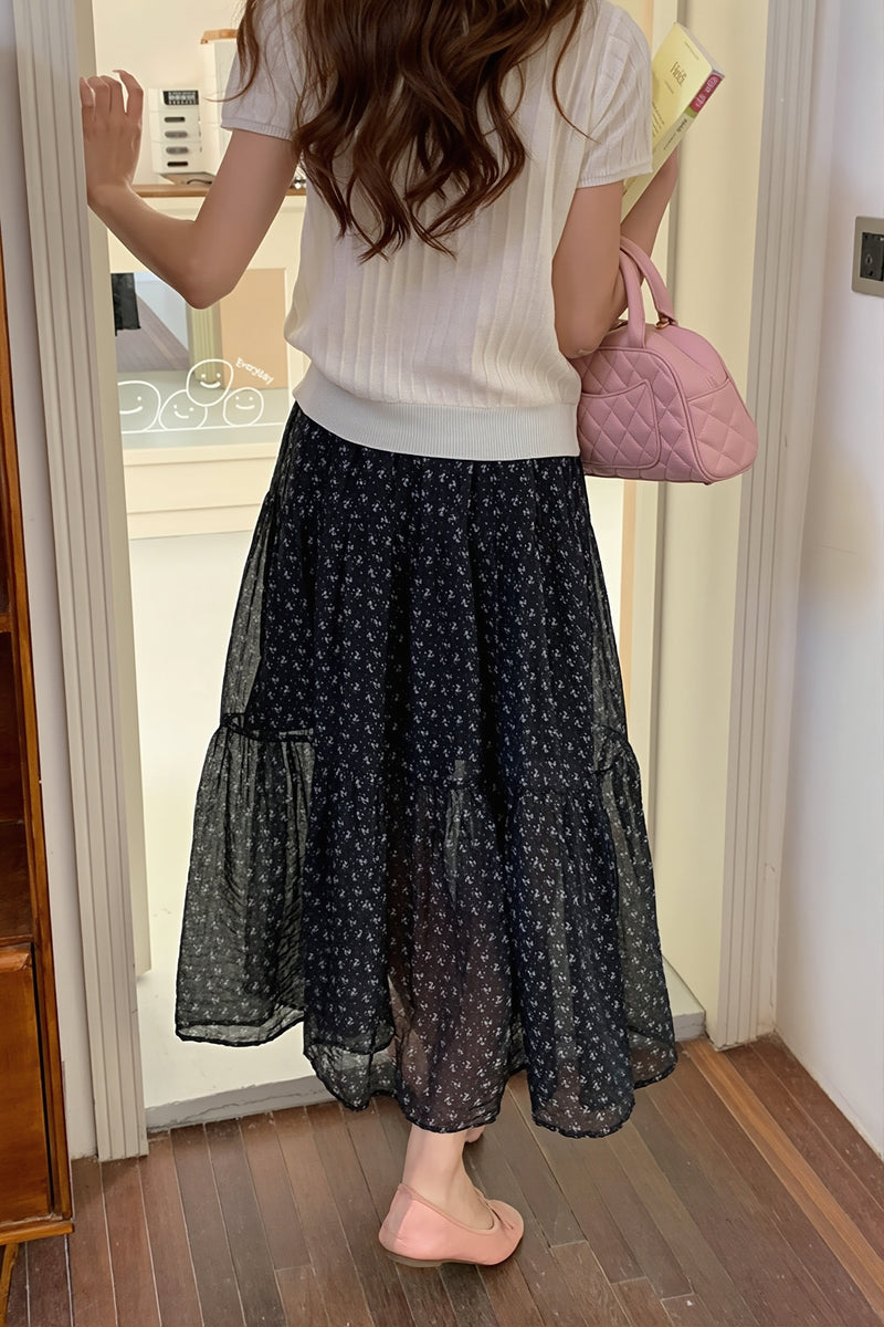 Sexy Floral Drawstring Waist Flowy Skirt