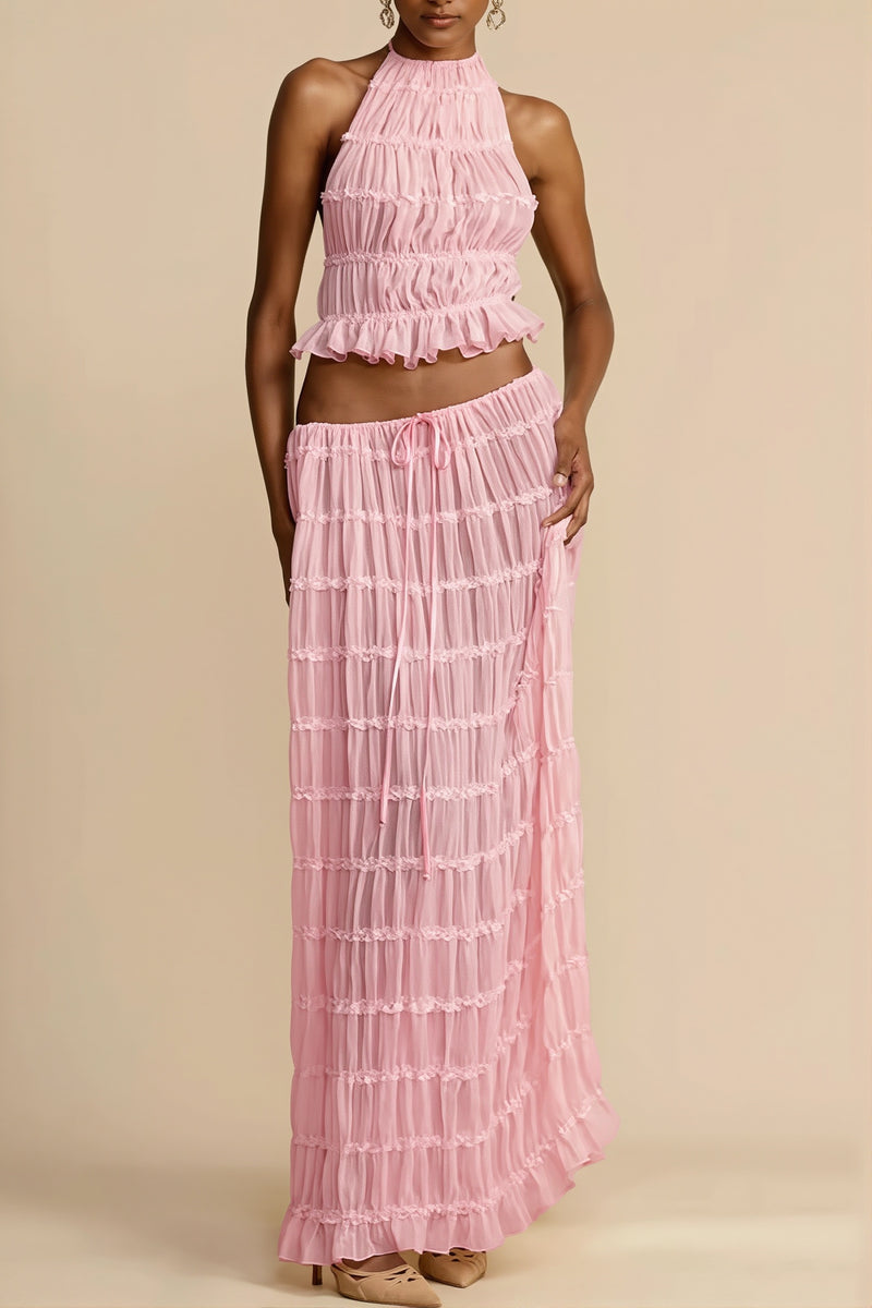 Sexy Lace Trim Halter Open Back Ruched Skirt Sets