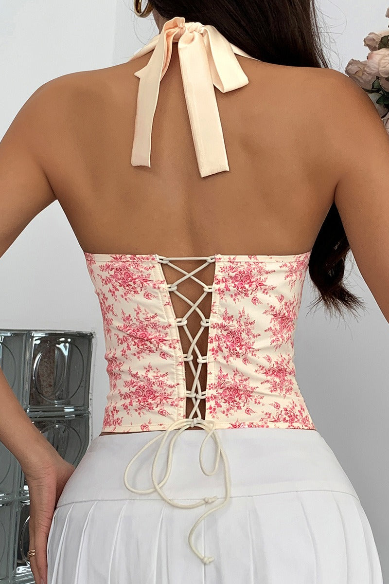 Sexy Ruffle Print Halter Bustier Halter Top
