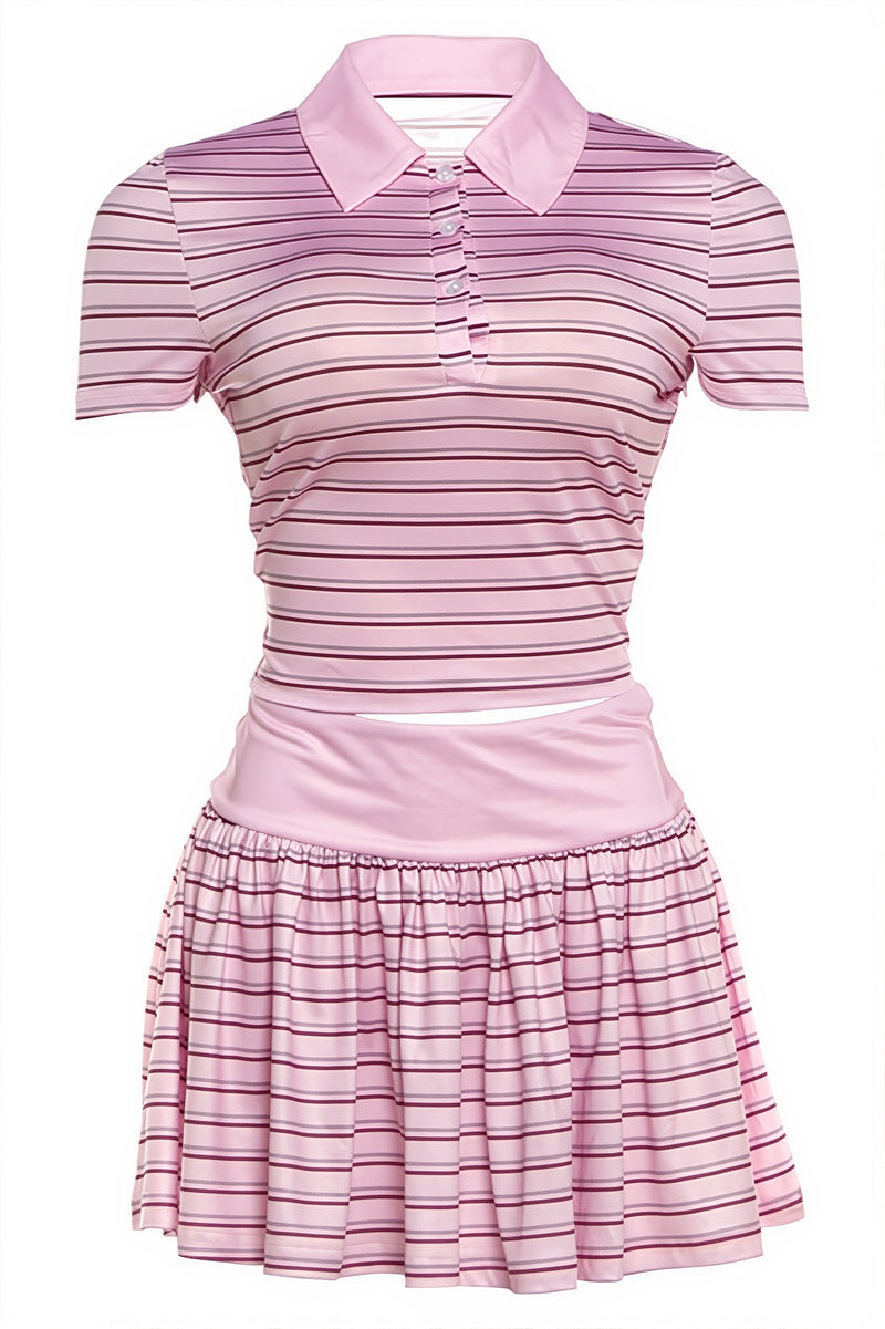 Sexy Vintage Stripe Polo Top Low Rise Skirt Sets