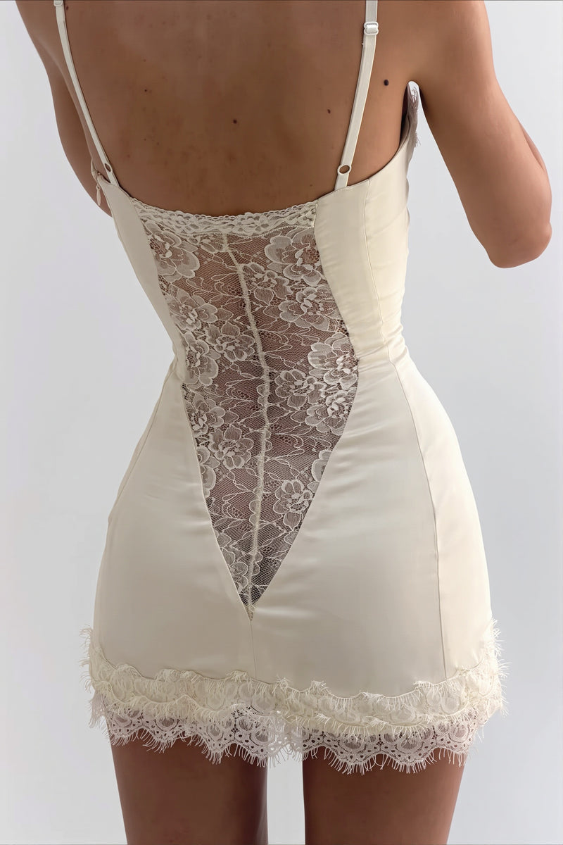 Sheer Sexy Lace Hollow Satin Mini Dress
