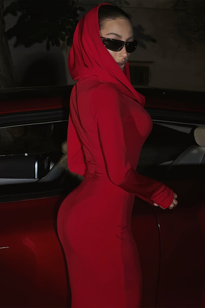 Solid Slim Hooded Mermaid Maxi Dress