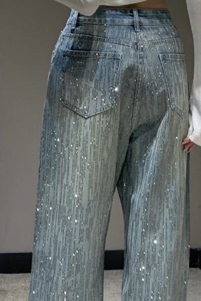 Sparkly All Rhinestone Washed Loose Wide Leg Jeans