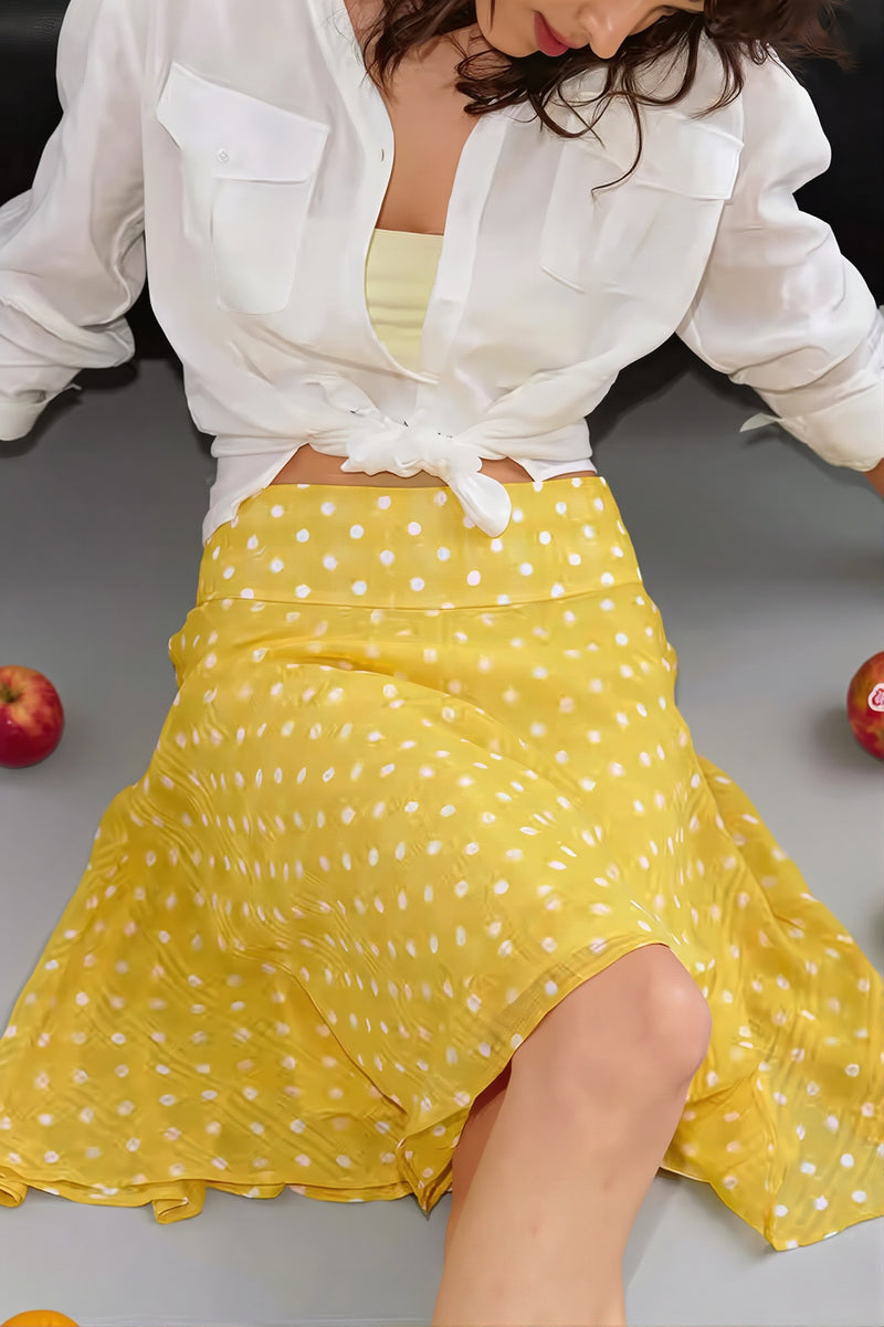Sweet Yellow Polka Dot Draped Midi Skirt