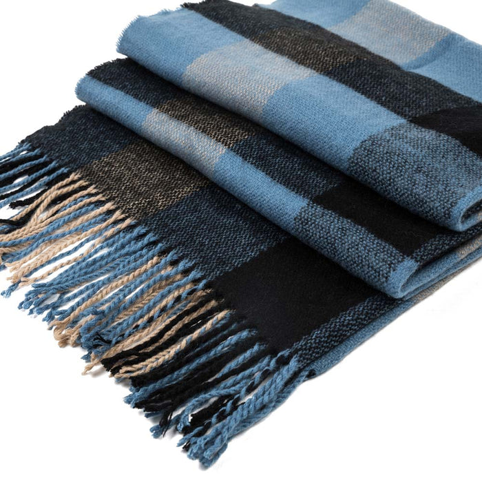 Unisex Oversized Gray/Blue and Beige Plaid Scarf with Tassels