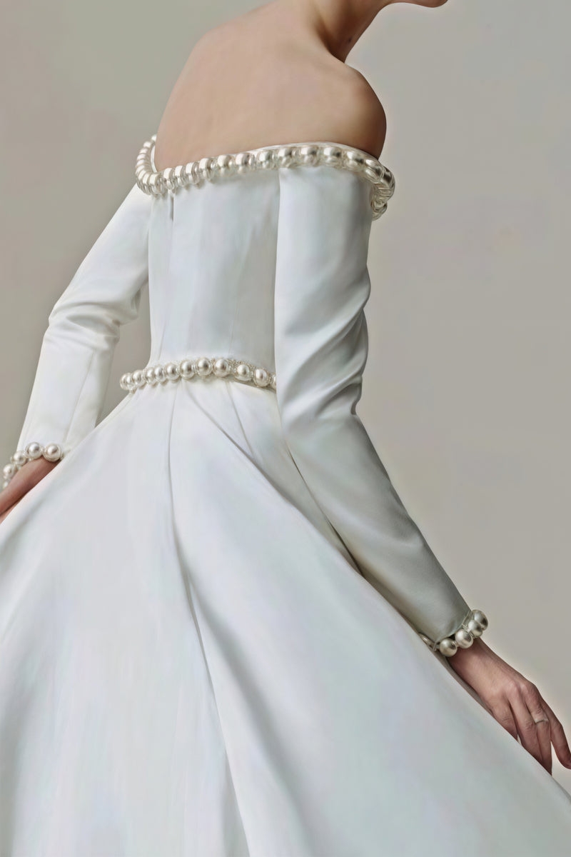 Vintage Satin Pearl Long Sleeve Off Shoulder Wedding Dress