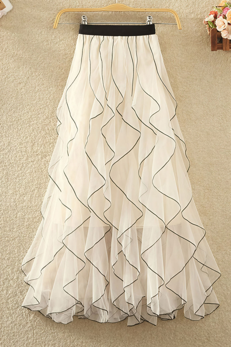 Wave Patchwork Mesh Ruffle Skirt