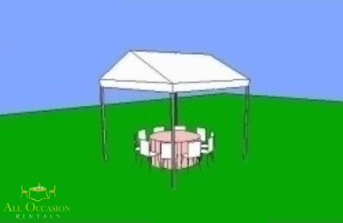 10' x 10' Frame Style Tent set up on grass with round tables and chairs for event seating.