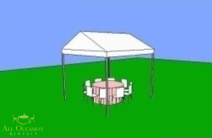10' x 10' Frame Style Tent set up on grass with round tables and chairs for event seating.