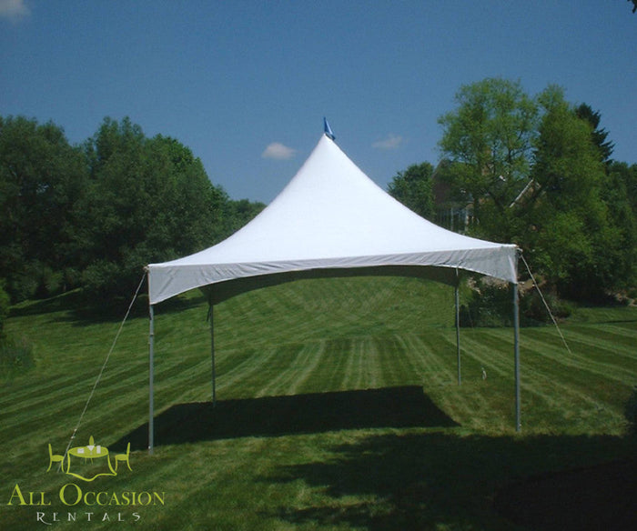 10' x 10' Quick Peak Style Frame Tent Rental set up in a green outdoor setting with clear blue skies.