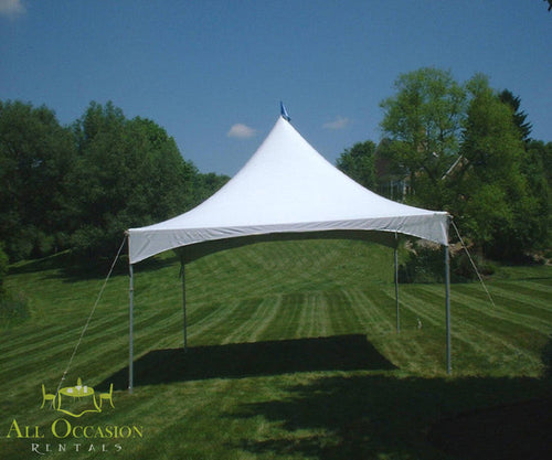 10' x 10' Quick Peak Style Frame Tent Rental set up in a green outdoor setting with clear blue skies.