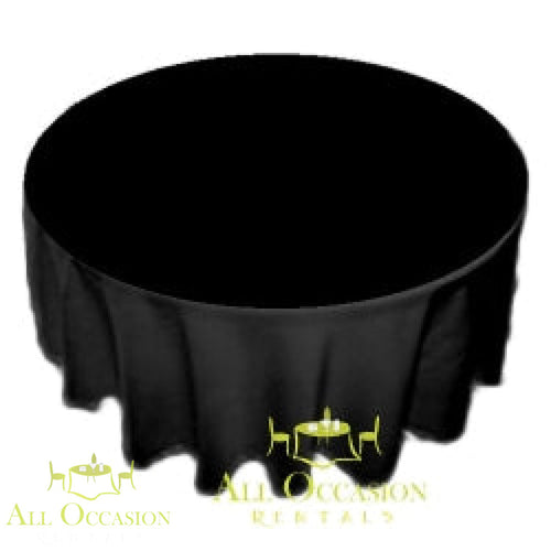 108 Black Polyester Round Tablecloth on a standard round table for elegant event setups