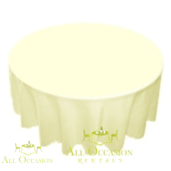 108 Round Polyester Tablecloth Ivory on a round table for elegant events and celebrations.
