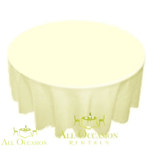 108 Round Polyester Tablecloth Ivory on a round table for elegant events and celebrations.