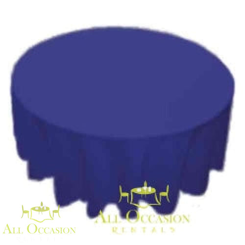 108 Round Polyester Tablecloth Royal Blue on a round table, perfect for weddings and events.