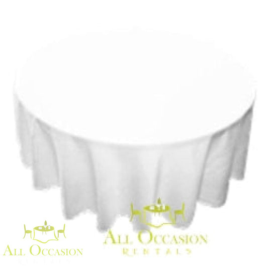 108" Round Polyester Tablecloth White draped elegantly over a round table for elegant events.