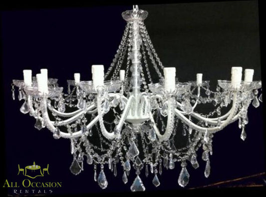 12 Crystal chandelier lights for elegant wedding and event rentals in Corona, CA.