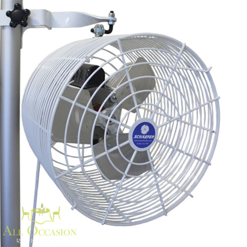 Close-up of a 12-inch white tent fan rental designed for improved air circulation at events.