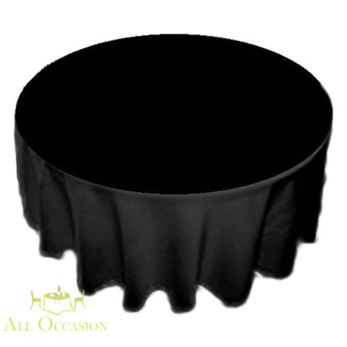 120 inch round black polyester tablecloth ideal for weddings and event rentals in Corona.