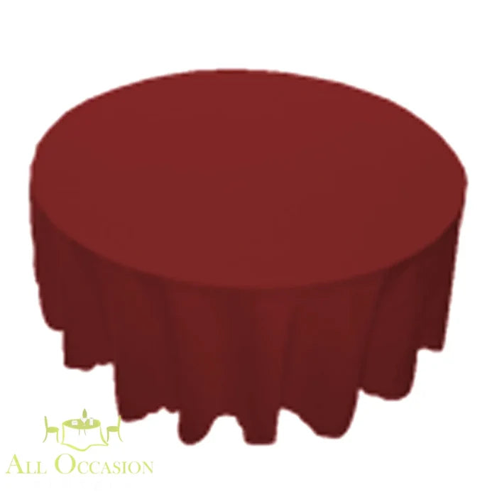 120 inch round burgundy polyester tablecloth for event rentals in Corona, perfect for weddings and parties.