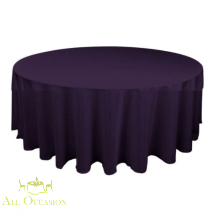 120 inch round eggplant polyester tablecloth for event rentals, perfect for weddings and parties.