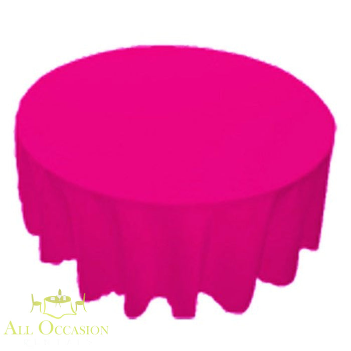 120 inch round fuchsia polyester tablecloth for events, ideal for rental in Corona for weddings, parties, and catering.