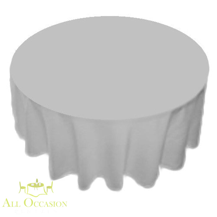 120-inch Round Polyester Tablecloth Grey on a round table, perfect for elegant events and table decor.