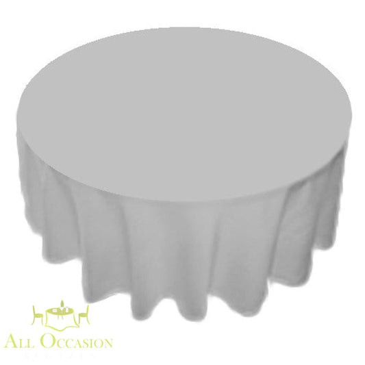 120-inch Round Polyester Tablecloth Grey on a round table, perfect for elegant events and table decor.