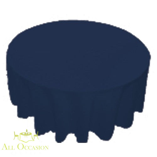 120 inch Round Polyester Tablecloth Navy Blue on a round table, perfect for events and catering.