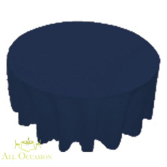 120 inch Round Polyester Tablecloth Navy Blue on a round table, perfect for events and catering.