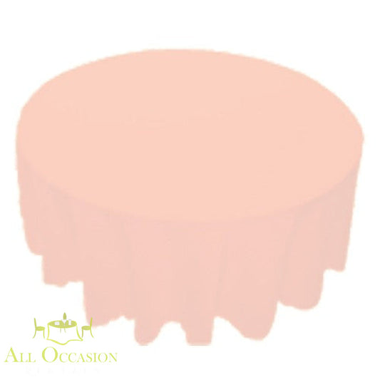120 inch Round Polyester Tablecloth Pink on a round table, perfect for events like weddings and parties.