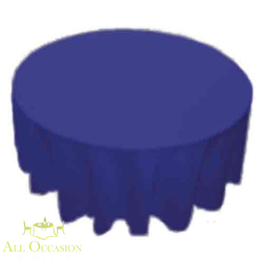 120 inch round royal blue polyester tablecloth perfect for weddings and events, available for rental in Corona CA.