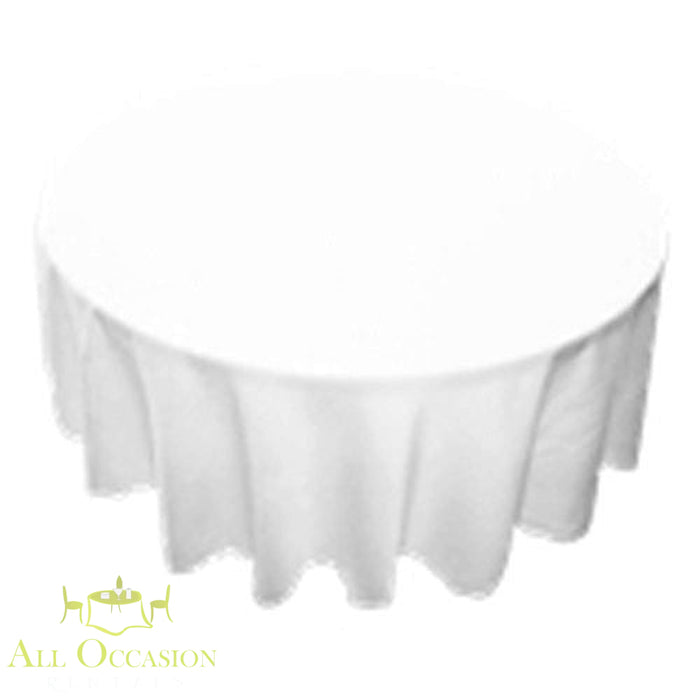 120 inch round white polyester tablecloth for weddings and events, ideal for table linen rental in Corona.