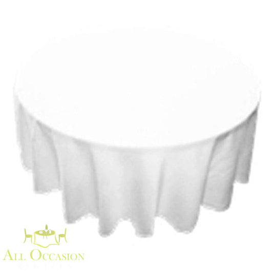 120 inch round white polyester tablecloth for weddings and events, ideal for table linen rental in Corona.