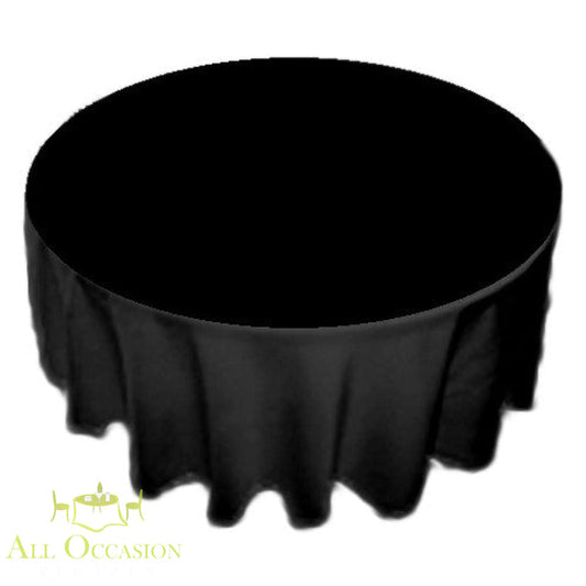132 Inch Round Polyester Tablecloth Black draped elegantly over a round table, perfect for weddings and events.