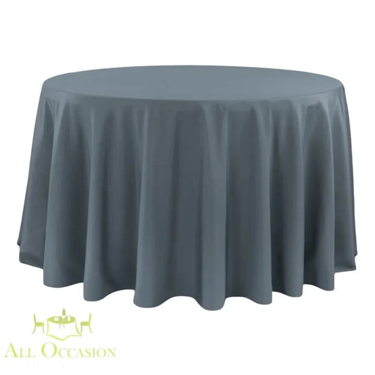 132 Inch Round Polyester Tablecloth Dark Gray elegantly draped over a round table, perfect for any occasion.