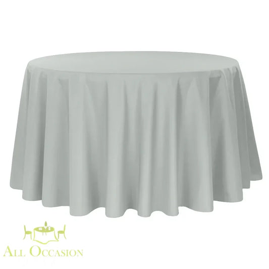 132 Inch Round Polyester Tablecloth Light Gray elegantly drapes over a large round table, ideal for any special event.
