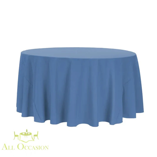 132 Inch Round Polyester Tablecloth Slate Blue draped over a round table for elegant event decor.