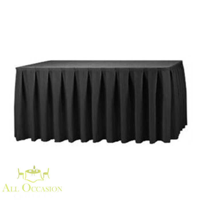 14ft black polyester table skirt ideal for event rentals in Corona and Inland Empire, perfect for weddings and formal presentations.