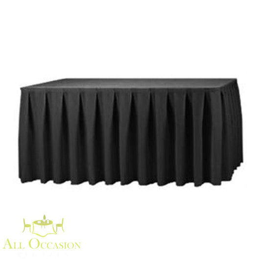 14ft black polyester table skirt ideal for event rentals in Corona and Inland Empire, perfect for weddings and formal presentations.