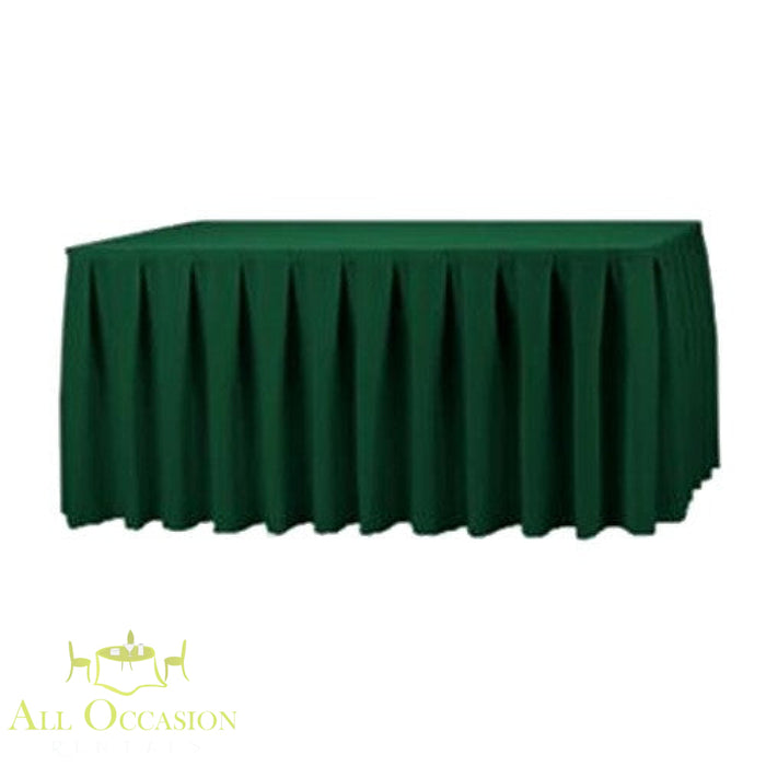 14ft hunter green polyester table skirt for events and weddings, perfect for Corona event rentals.