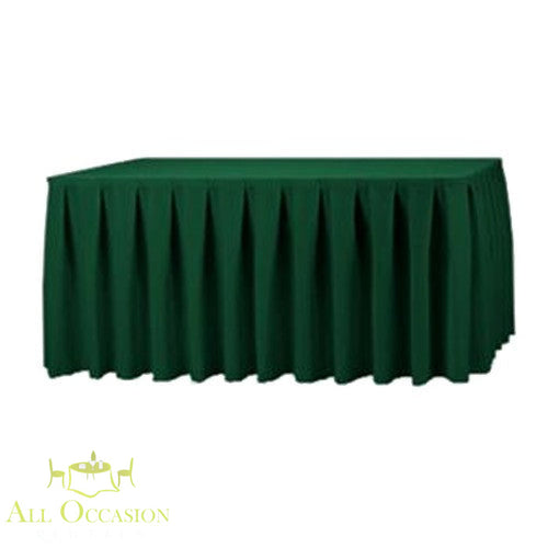 14ft hunter green polyester table skirt for events and weddings, perfect for Corona event rentals.