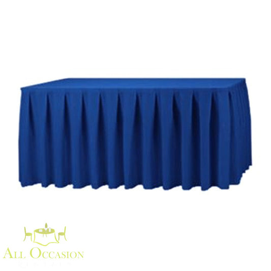 14ft Polyester Table Skirt in Royal Blue elegantly draping a banquet table for events and celebrations.