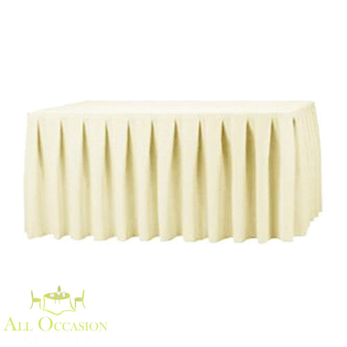 Ivory polyester table skirt for event rentals, perfect for weddings and formal occasions in Corona and Inland Empire.