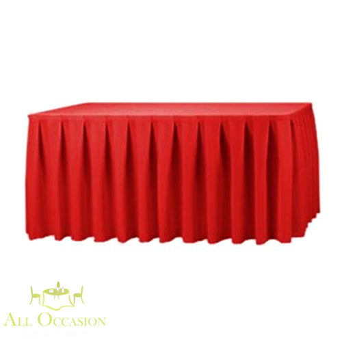 14ft red polyester table skirt ideal for events, rentals for weddings, parties, and banquets in Corona and Inland Empire.