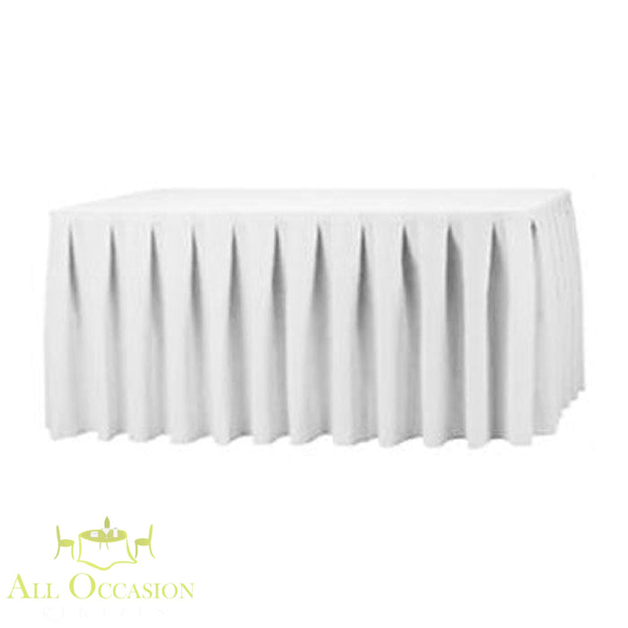 14ft white polyester table skirt for event rentals, perfect for weddings and formal presentations.