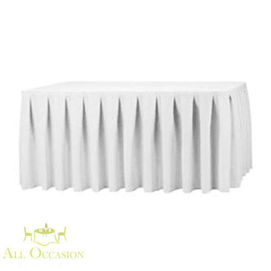 14ft white polyester table skirt for event rentals, perfect for weddings and formal presentations.